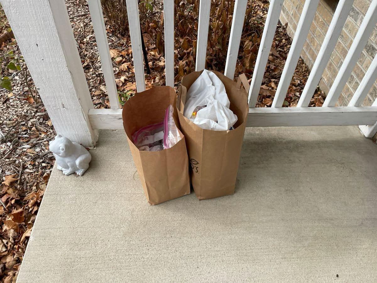 Two bags of shelf-stable meals left on a neighbor's doorstep