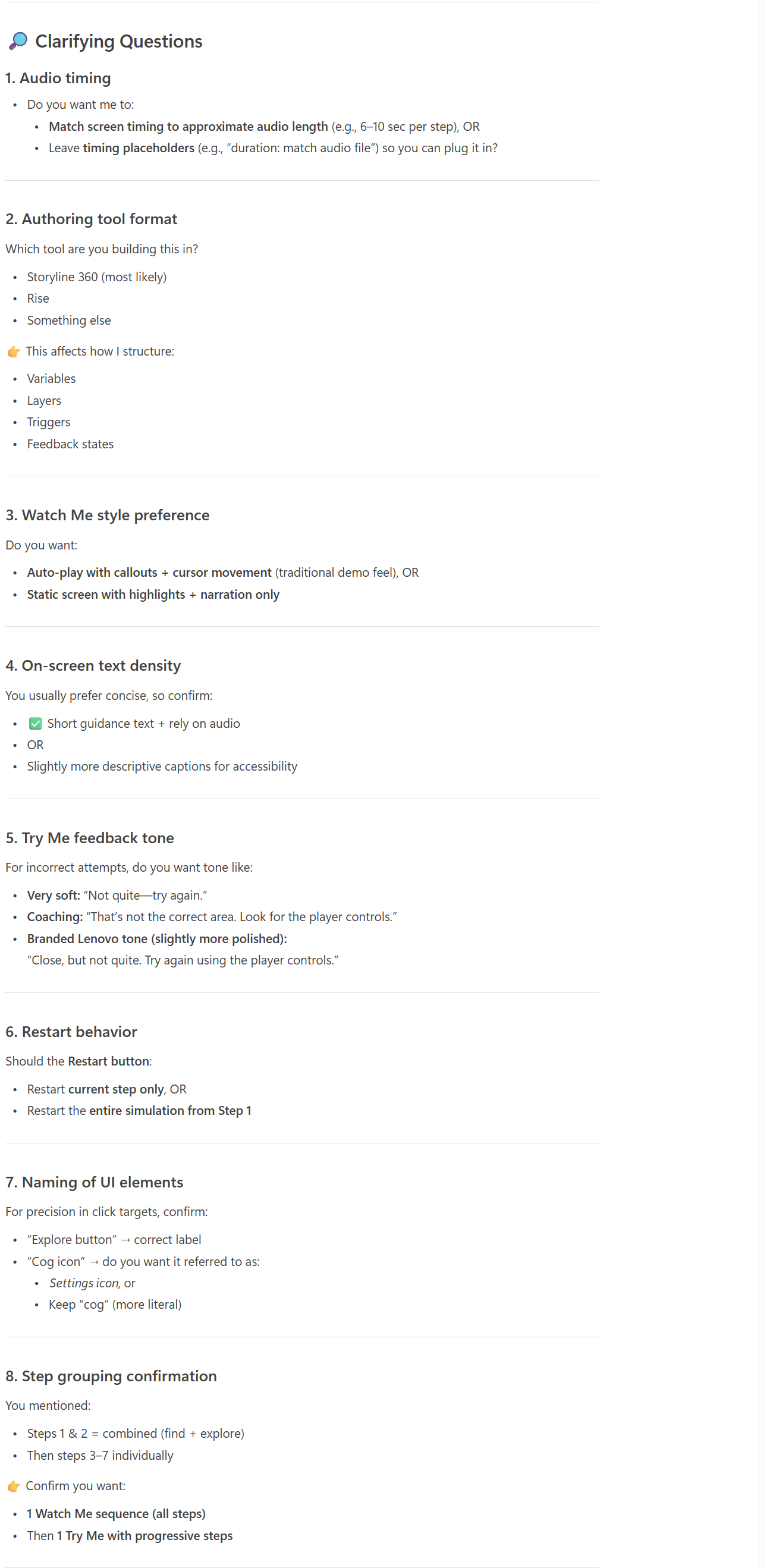 Copilot's clarifying questions before building